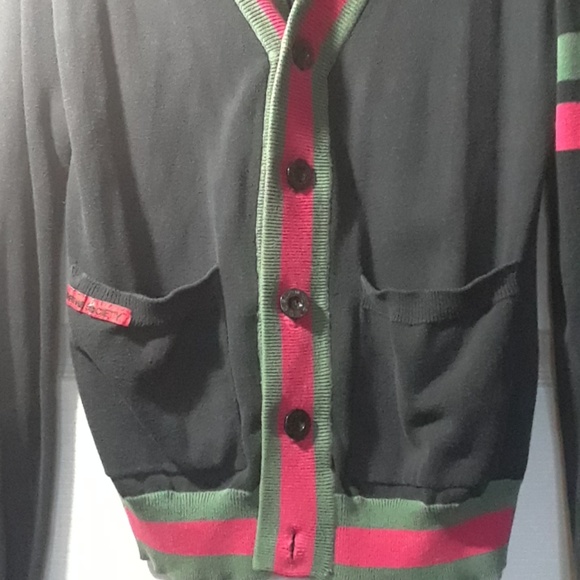 LONG BLACK W/ RED &GREEN STRIPS CARDIGON - Picture 3 of 6